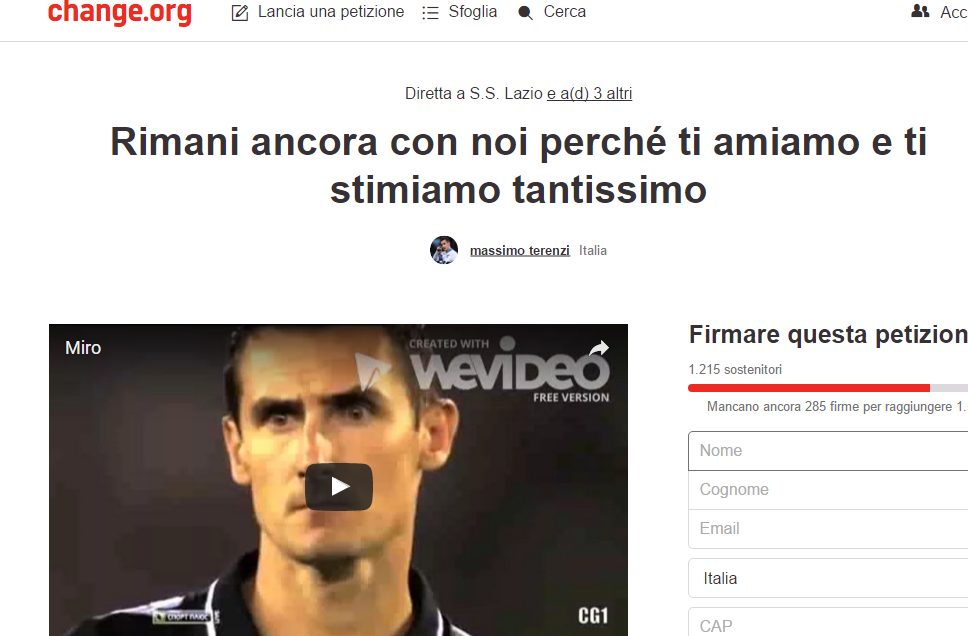 TIFOSI SCATENATI – Miro Klose, una petizione per farlo rimanere in biancoceleste